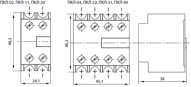 Габаритные размеры приставкок контактных ПКЛ-02, ПКЛ-04, ПКЛ-11, ПКЛ-20, ПКЛ-22,ПКЛ-31, ПКЛ-40