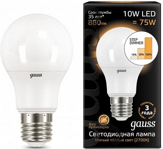 Лампа Gauss LED A60 10W E27 880lm 2700K step dimmable
