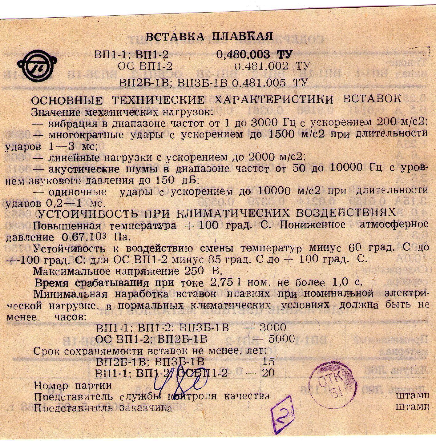 Вставки плавкие вп1